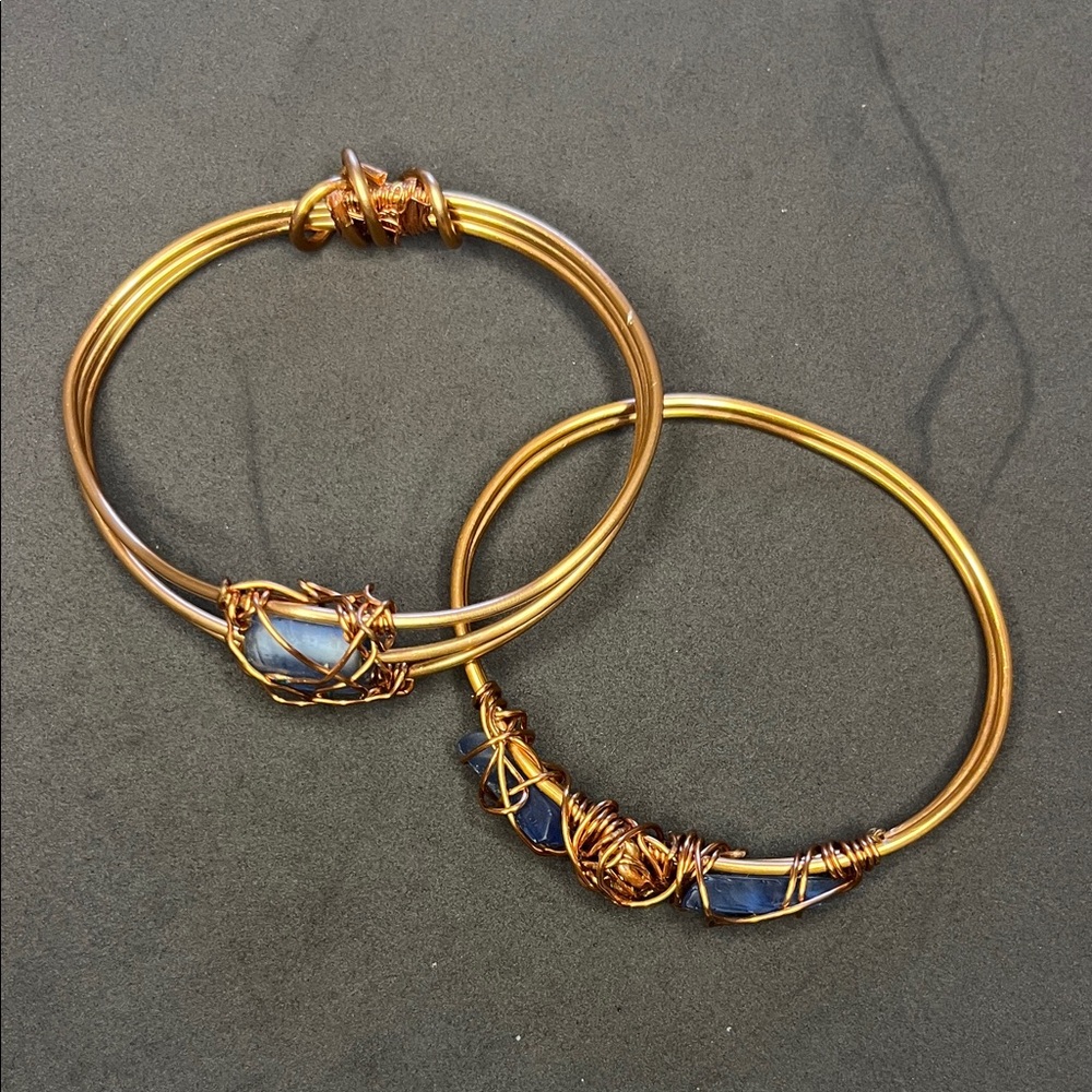 Set of 2 Elegant Gold and Blue Wire-Wrapped Bangles